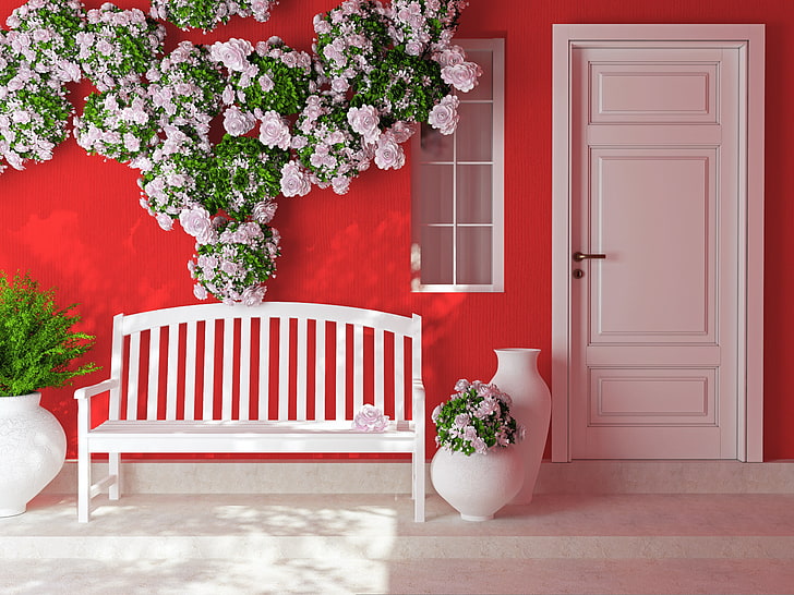 white wooden armchair and white wooden 3-panel door, flowers, the door, shop, vases, HD wallpaper