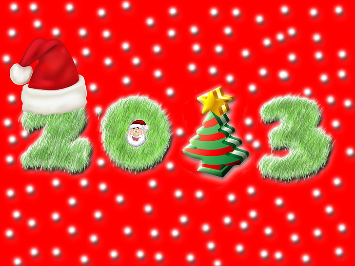 緑と赤の番号「2013」イラスト、新年、数字、帽子、クリスマスツリー、サンタクロース、 HDデスクトップの壁紙