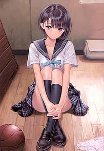  anime girls, school uniform, schoolgirl, HD wallpaper HD wallpaper