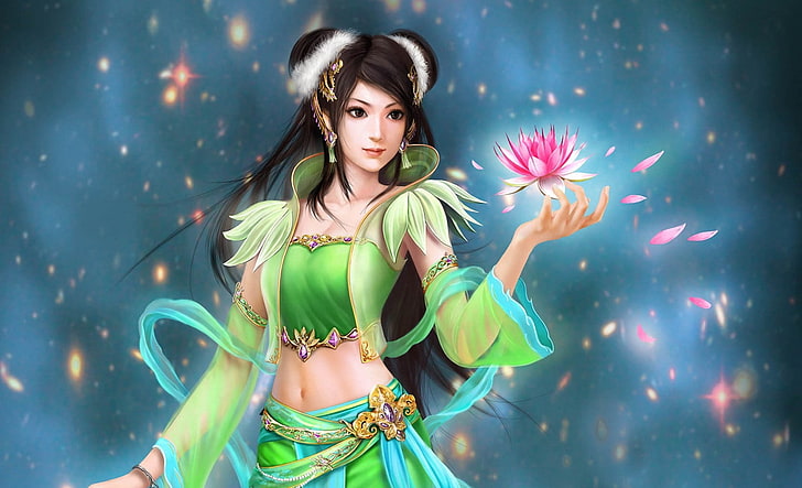 Dynasty Warriors ilustracja postaci żeńskich, kwiat, dziewczyna, dekoracja, płatki, sztuka, lilia, iskry, doskonały świat, dynastia jadeitów, Tapety HD