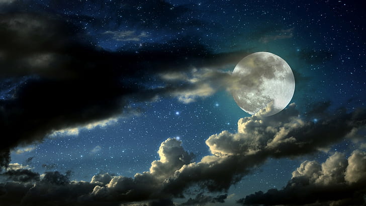 Луна, звезди, облаци, пейзаж, HD тапет