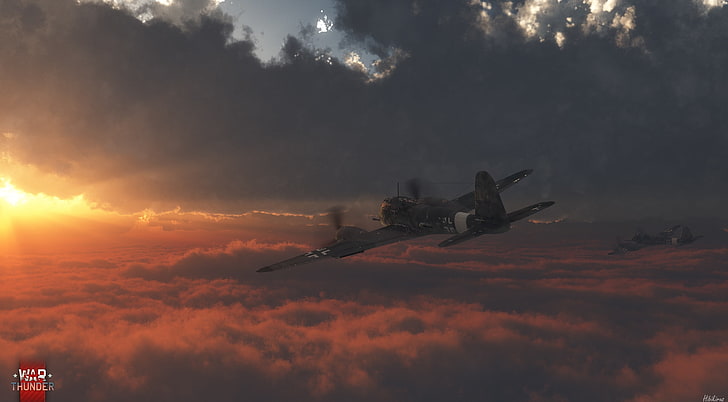 Sunset 3 Reich, 검은 색 프로펠러 비행기, 게임, 기타 게임, 히비키 루스, 항공기, 전쟁 천둥, 벼락, 구름, 일몰, HD 배경 화면