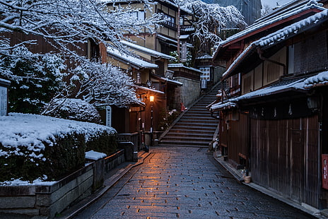 Дом, зима, дорога, город, Япония, снег, лестница, улица, Киото, HD обои HD wallpaper