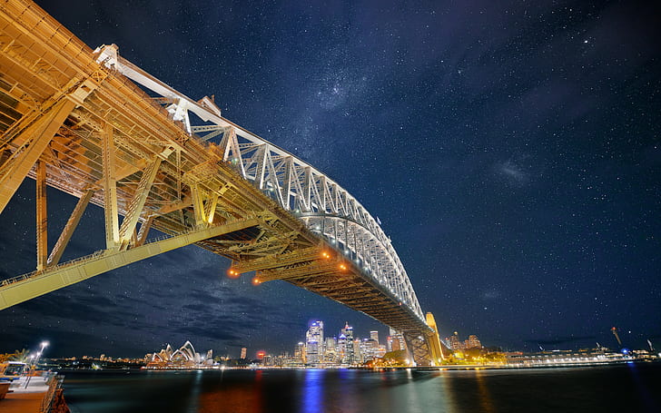 мост, звезди, нощ, Сидни, Сидни Харбър Бридж, Австралия, градски пейзаж, HD тапет
