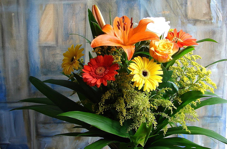 arrangement de fleurs décor, gerberas, lis, roses, fleurs, bouquets, composition, image, Fond d'écran HD