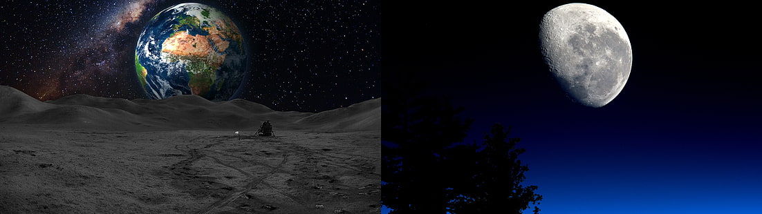 듀얼 모니터, 달, 지구, 우주, HD 배경 화면 HD wallpaper