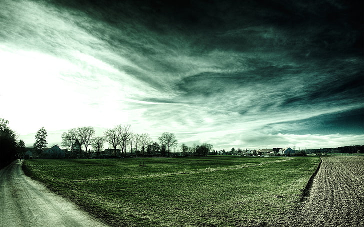green grass field, field, clouds, house, trees, landscape, sky, road, HD wallpaper