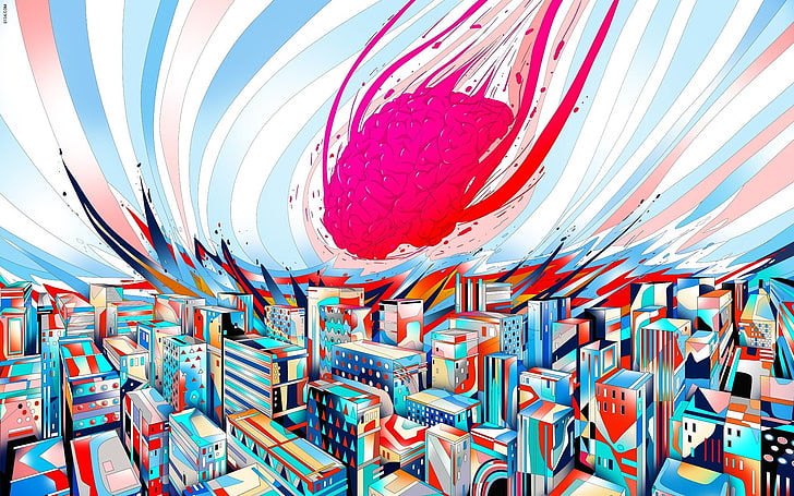 abstract, artwork, drawn, city, brain, colorful, HD wallpaper