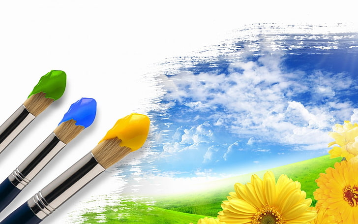 kuas, bunga, bunga kuning, langit, kanvas, awan, Wallpaper HD