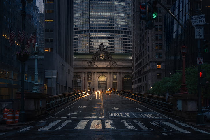 Cityscape, gelap, New York City, Manhattan, jalan, Grand Central Terminal, malam, Wallpaper HD