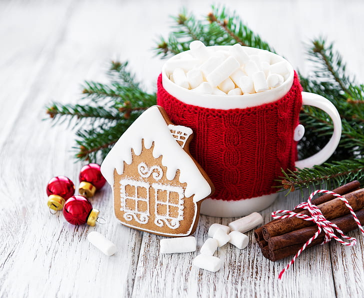 Food, Hot Chocolate, Christmas, Cinnamon, Cup, Gingerbread, Marshmallow, HD wallpaper