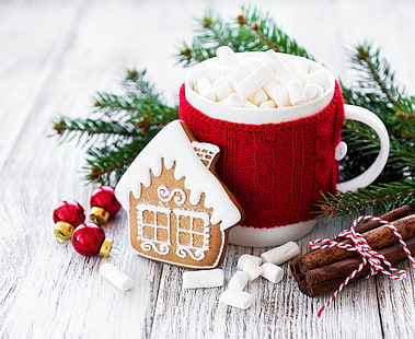 Jedzenie, gorąca czekolada, Boże Narodzenie, cynamon, filiżanka, piernik, ptasie mleczko, Tapety HD HD wallpaper