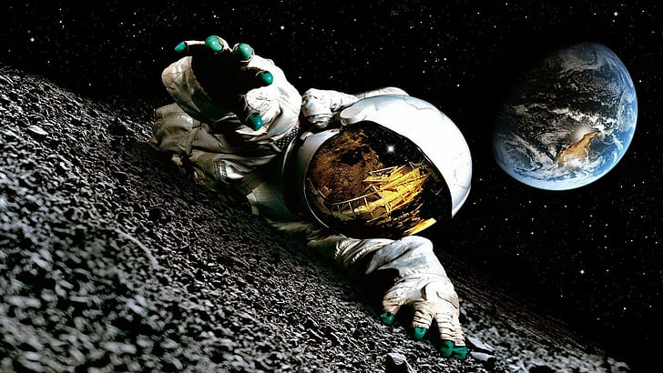 Astronaut on the Moon, astronaut uniform, digital art, 1920x1080, planet, earth, moon, astronaut, HD wallpaper