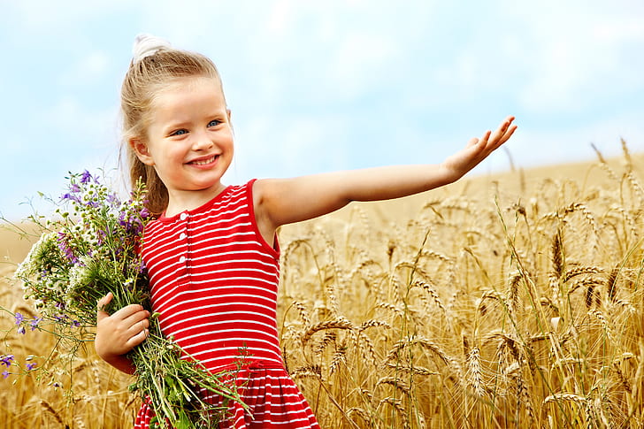 happiness, flowers, children, childhood, child, bouquet, smile, wheat field, cute little girl, smiling, HD wallpaper