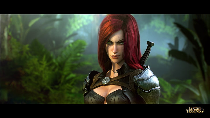 fond d'écran numérique de personnage féminin aux cheveux roux, League of Legends, katarina (ligue des légendes), jeux vidéo, rousse, décolleté, fille fantastique, Fond d'écran HD