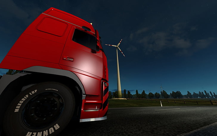 Euro Truck Simulator 2, jeux vidéo, nuit, soleil, matin, route, voiture, camions, cargo, Fond d'écran HD