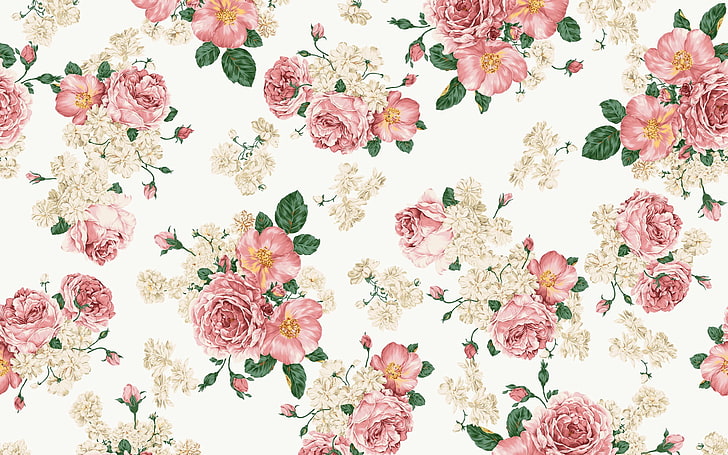 textil floral blanco, rosa y verde, patrón, flores rosadas, Fondo de pantalla HD