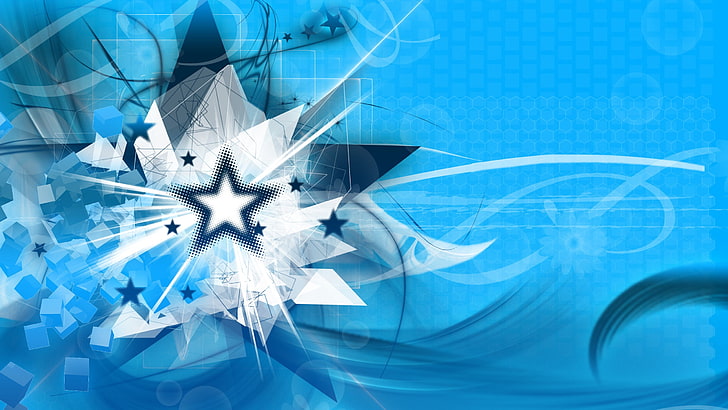white and black floral textile, digital art, stars, blue background, geometry, shapes, abstract, HD wallpaper