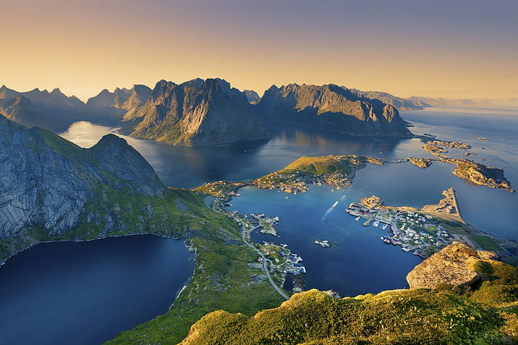 sunset, bay, fjord, sunlight, mountains, nature, Lofoten, Europe, coast, landscape, clear sky, sea, town, harbor, Norway, HD wallpaper
