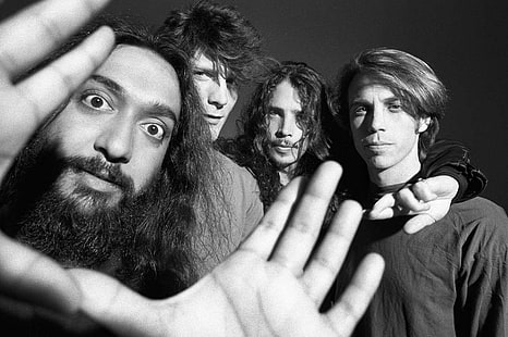 homens, músico, estrelas do rock, Seattle, monocromático, Soundgarden, rosto, cabelos longos, barbas, HD papel de parede HD wallpaper