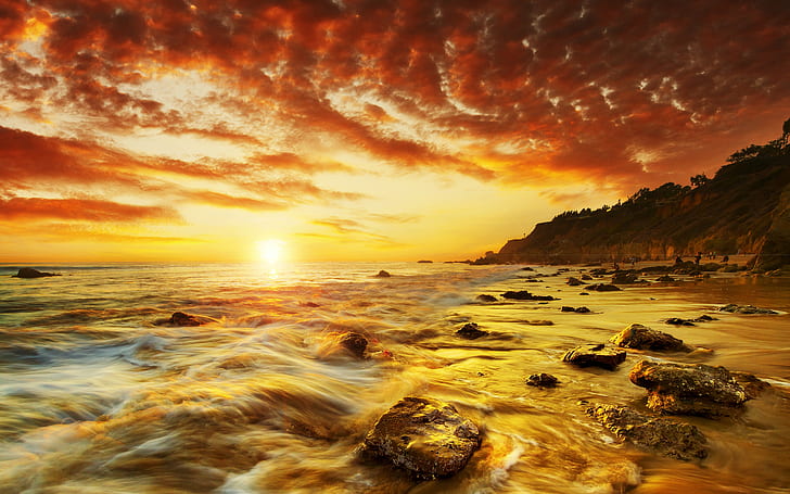 岩石サンセットオーシャンビーチ日光HD、自然、海、夕日、ビーチ、日光、岩、石、 HDデスクトップの壁紙