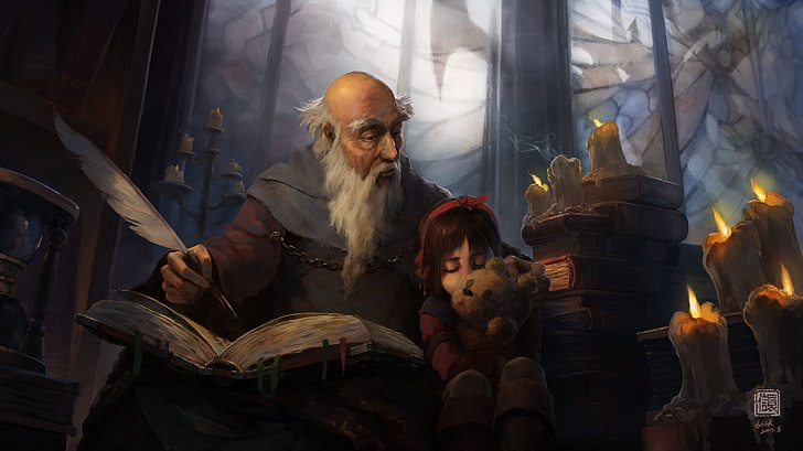 man writing with quill beside child painting, Diablo, illustration, fantasy art, Deckard Cain, Leah, HD wallpaper