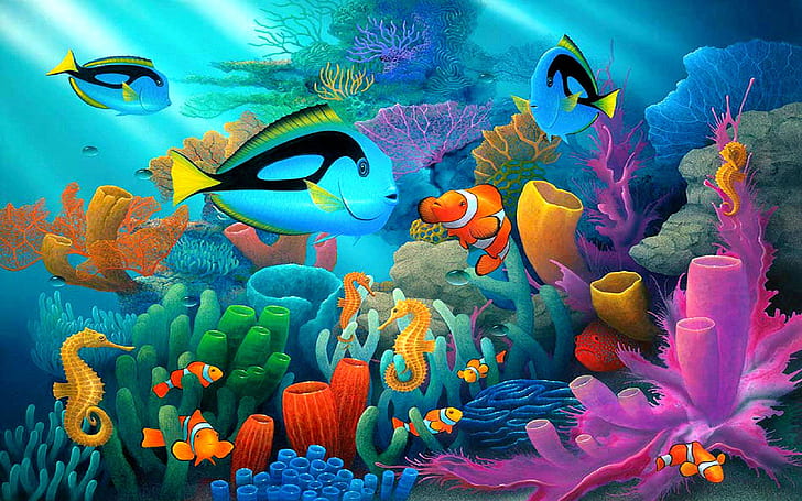 Sualtı Hayvan Dünya Mercan Kayalığı Çeşitli Renklerde Egzotik Renkli Balık Deniz Atları Sanat Duvar Kağıdı Hd 1920 × 1200, HD masaüstü duvar kağıdı