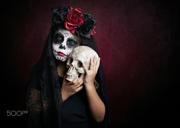 череп, 500px, Dia de los Muertos, макияж, простой фон, HD обои
