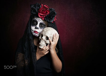 czaszka, 500px, Dia de los Muertos, makijaż, proste tło, Tapety HD HD wallpaper