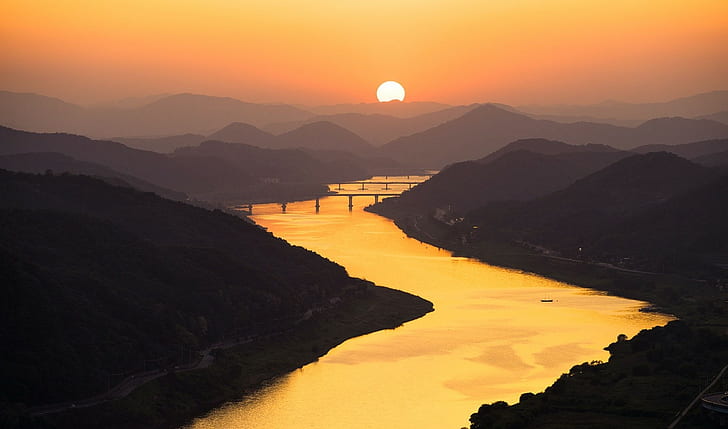 nature, photography, landscape, sunset, mountains, river, bridge, gold, pink, mist, sky, South Korea, HD wallpaper