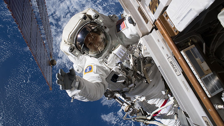 estação espacial internacional, astronauta, traje espacial, caminhada espacial, oceano, céu, órbita, HD papel de parede
