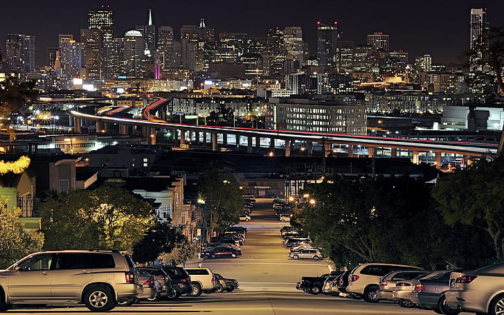 Дом, път, светлини, нощ, град, машина, Сан Франциско, слайд, Portrero Hill, HD тапет