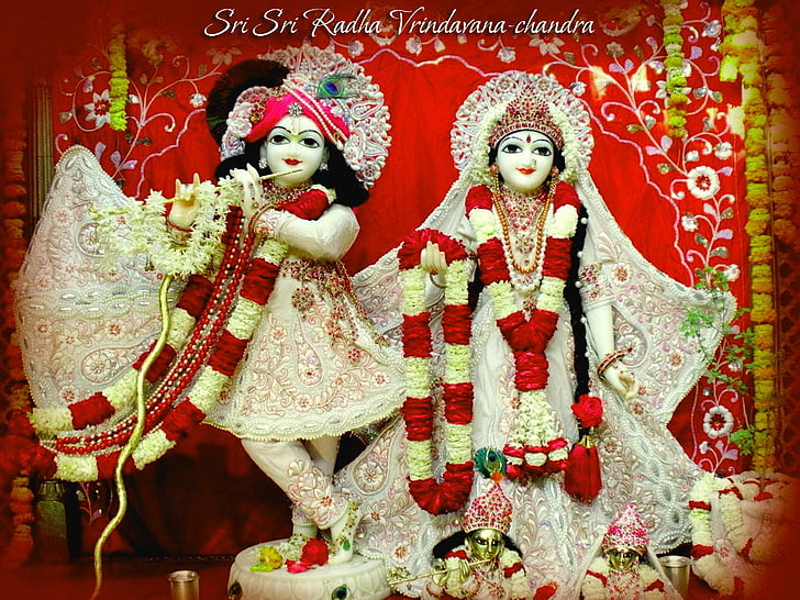 Sri Sri Radha Vrindavan Chandra, Radha and Krishna, God, Lord Krishna, flower, flute, radha, statue, HD wallpaper