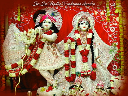 Sri Sri Radha Vrindavan Chandra, Radha and Krishna, God, Lord Krishna, flower, flute, radha, statue, HD wallpaper HD wallpaper