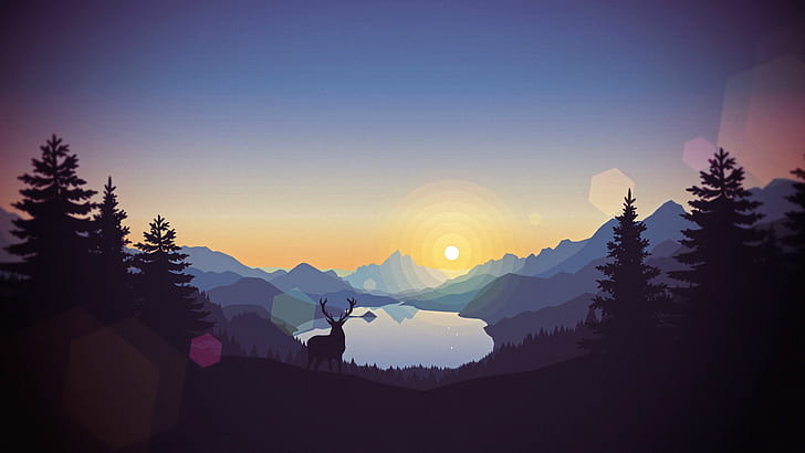 arte digital, paisaje, montañas, puesta de sol, bosque, laguna, ilustración, venado, Fondo de pantalla HD