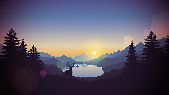 digital art, landscape, mountains, sunset, forest, lagoon, illustration, deer, HD wallpaper HD wallpaper