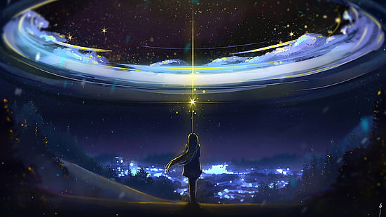 Cielo, Anime, Noche, Paisaje, Fondo de pantalla HD HD wallpaper