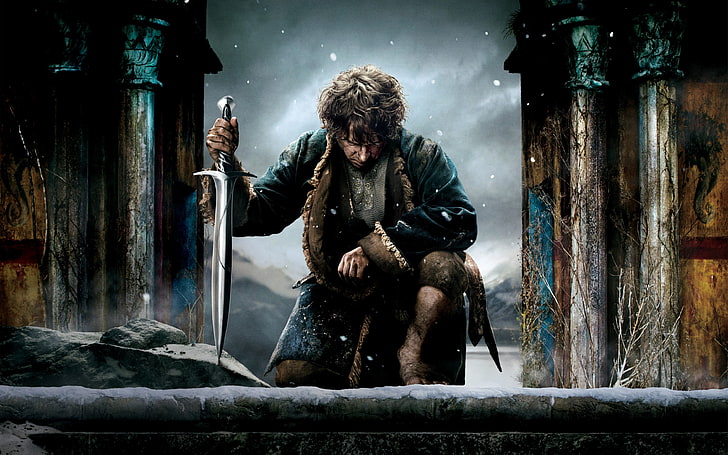 The Hobbit Frodo wallpaper, sword, fantasy, the hobbit, Martin Freeman, Bilbo Baggins, The Hobbit: The Battle of the Five Armies, HD wallpaper