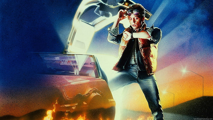 Постер фильма «Назад в будущее», «Назад в будущее», научная фантастика, DeLorean, фильмы, путешествия во времени, Майкл Дж. Фокс, HD обои