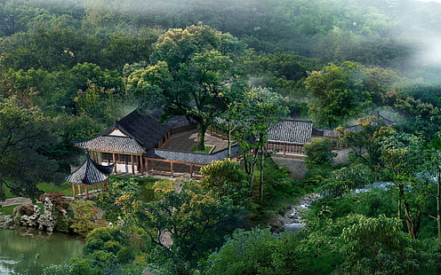 casa de madera marrón, verano, cabañas, china, jardín, estanque, desde arriba, neblina, Fondo de pantalla HD HD wallpaper
