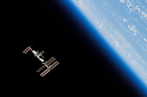 satélite gris y marrón, estación iss, espacio, órbita, planeta, tierra, Fondo de pantalla HD HD wallpaper
