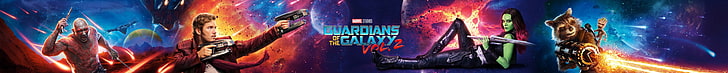 Strażnicy Galaktyki Vol. 2, Marvel Cinematic Universe, Drax the Destroyer, Gamora, Rocket Raccoon, Groot, Baby Groot, Star Lord, ultra-wide, Guardians of the Galaxy, Tapety HD