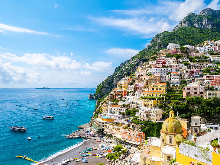 karışık renkli beton binalar, deniz, manzara, sahil, bina, tekneler, İtalya, Körfez, Campania, Amalfi Coast, Positano, Salerno Körfezi, Kampanya, HD masaüstü duvar kağıdı