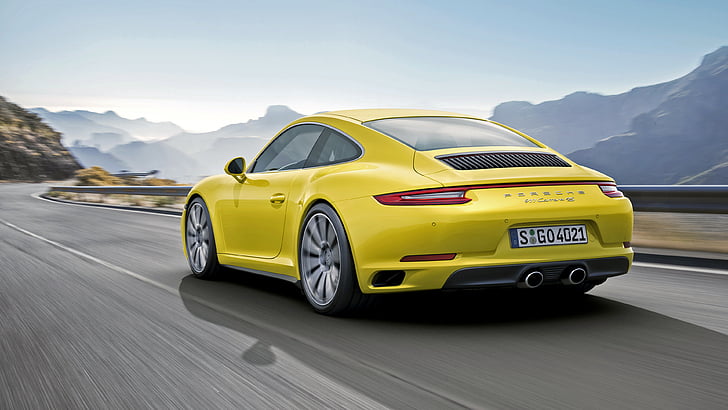 yellow Porsche sports car, Porsche 911 Carrera 4S, 2017 Cars, Rear view, 4K, Porsche, HD wallpaper