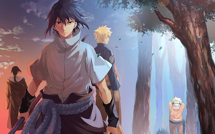 Sasuke and Naruto illustration, Naruto Shippuuden, Uchiha Sasuke, Uzumaki Naruto, Uchiha Itachi, forest, HD wallpaper