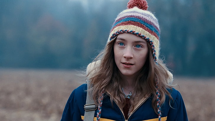beige, brown, and teal bobble knit cap, field, eyes, look, girl, hat, actress, Saoirse Ronan, The Lovely Bones, HD wallpaper