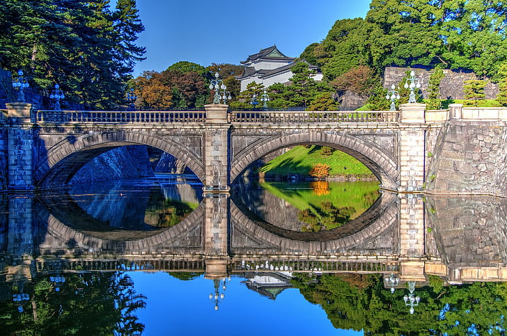 Palacio Imperial, Tokio, puente de hormigón, agua, reflexión, Japón, Tokio, foso, Palacio, Palacio Imperial, Puente Nijubashi, Puente Nidzyubasi, Puente, Fondo de pantalla HD