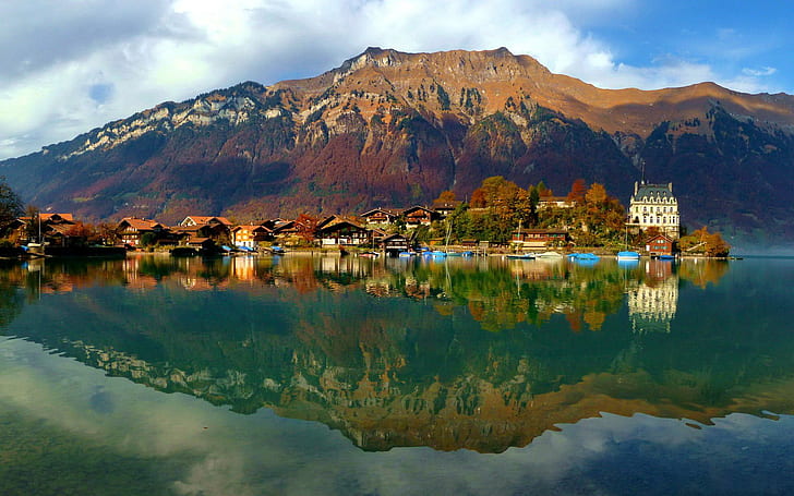 Village au bord du lac, vue, charmant, lac, bord du lac, agréable, beau, rivage, dock, cristal, berge, en miroir, clair, Fond d'écran HD