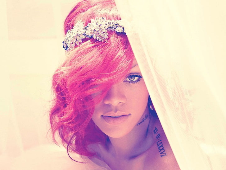 Rihanna, ebony, pink hair, hair in face, singer, women, tattoo, hairband, face, HD wallpaper