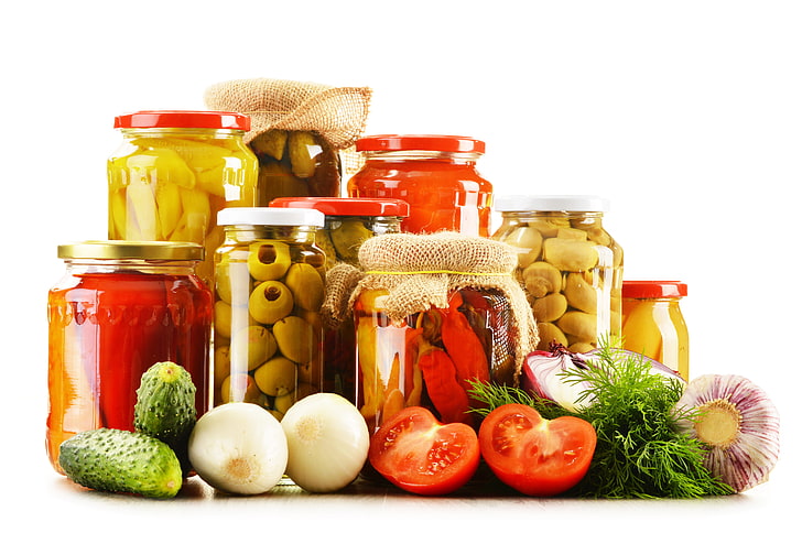 różne warzywa, grzyby, papryka, warzywa, pomidory, oliwki, ogórki, czosnek, oliwa, przetwory, Tapety HD